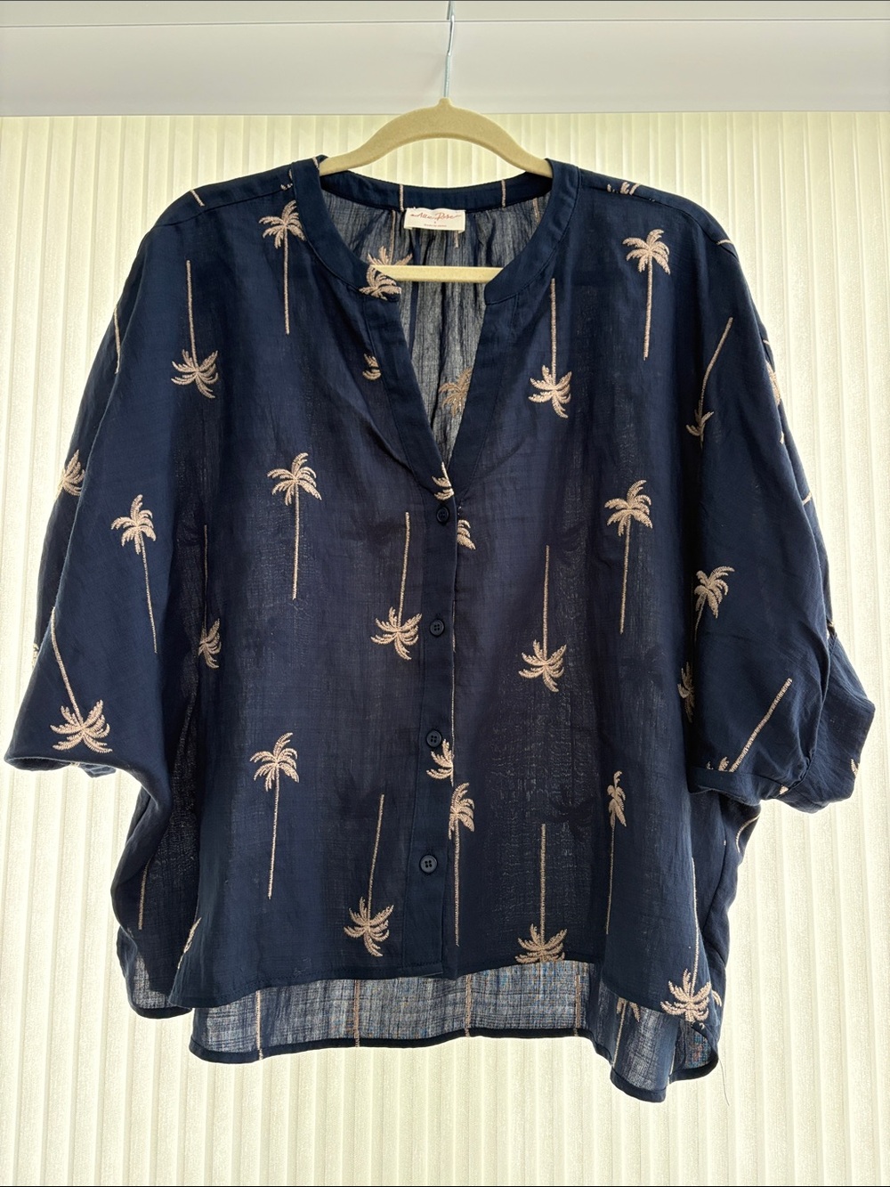 Allie Rose Short Sleeve Navy Palm-Print Button Front Blouse